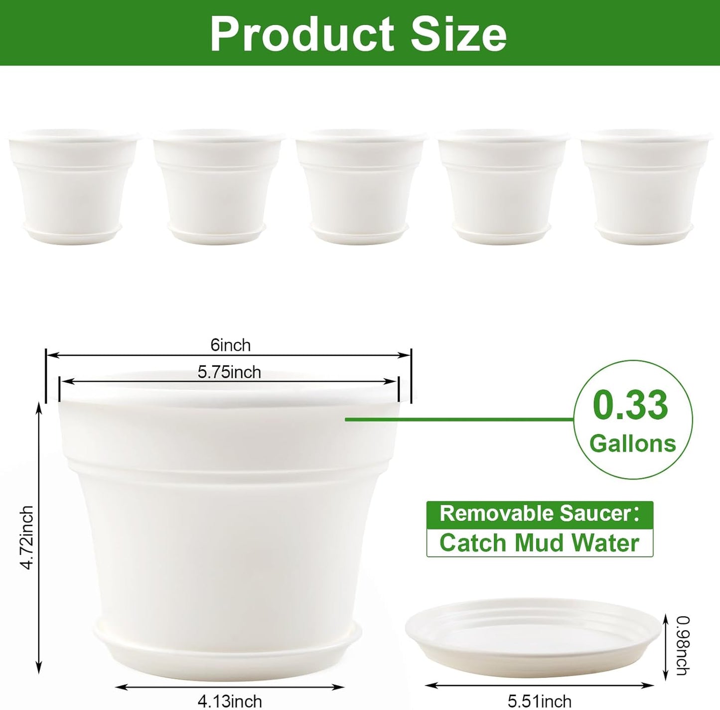 6 Inch Plastic-Flower Pot-for-Indoor Plants, 6 Pack Outdoor Plant Pots