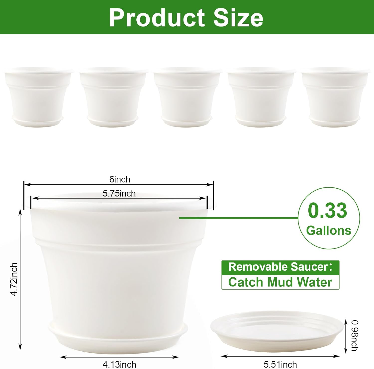 6 Inch Plastic-Flower Pot-for-Indoor Plants, 6 Pack Outdoor Plant Pots