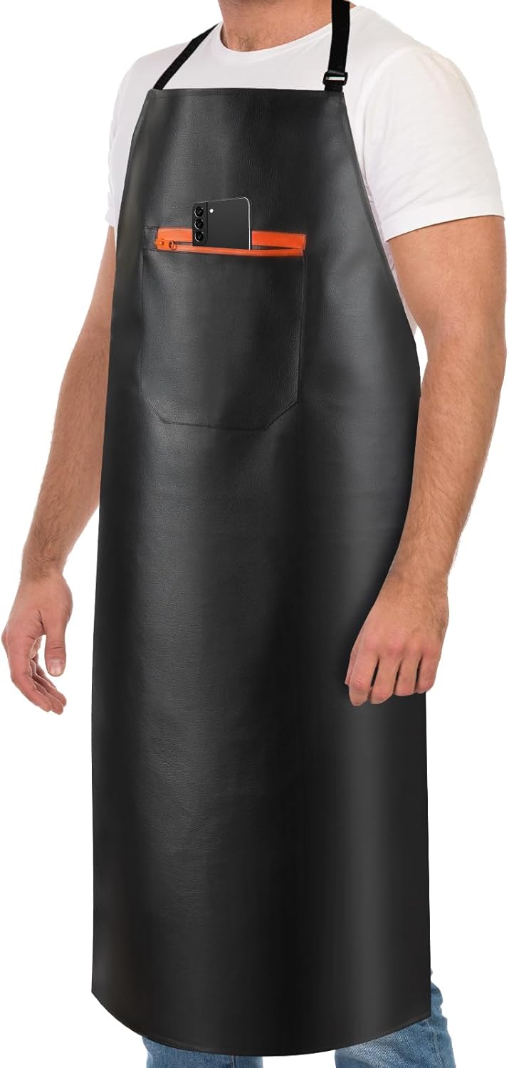 Waterproof Apron, Heavy Duty Extra Long Rubber Vinyl Apron with Pocket