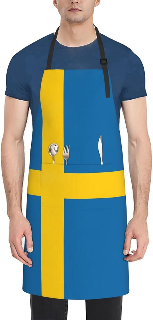 Swedish flag print Waterproof apron with pocket adjustable cooking apron for adult kitchen bibs to bake