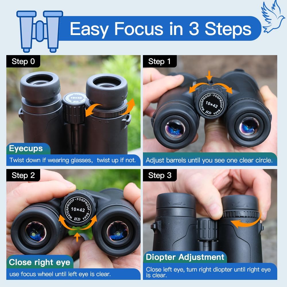 10x42 HD Binoculars for Adults High-Powered – Waterproof Binoculars with Clear Wide View, Lightweight for Bird Watching, Hunting, Hiking & Sports, with Carrying Bag