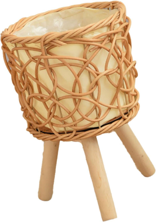 Rattan Plant Stand Stool with 3 Wood Legs Balcony Flower Pots Display 