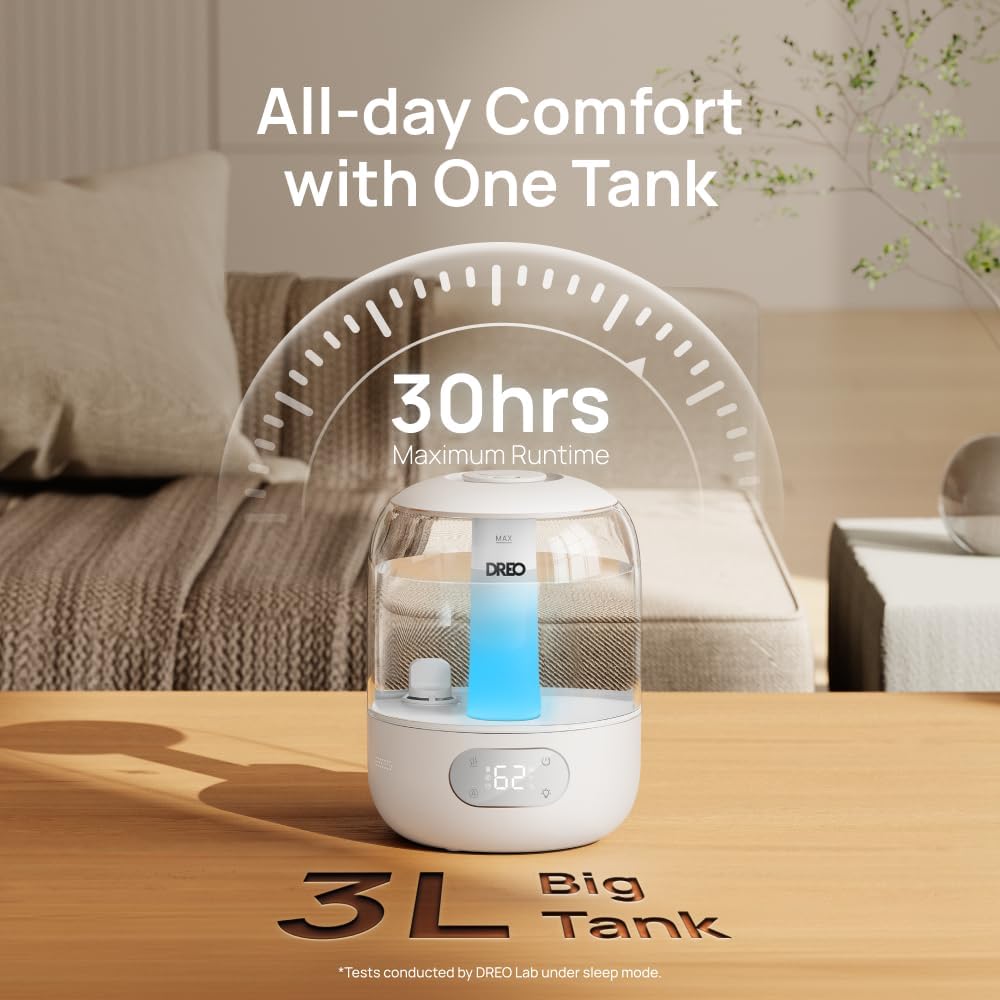 DREO Humidifiers for Bedroom, 3L Top Fill 30H & 26dB Quiet Runtime for