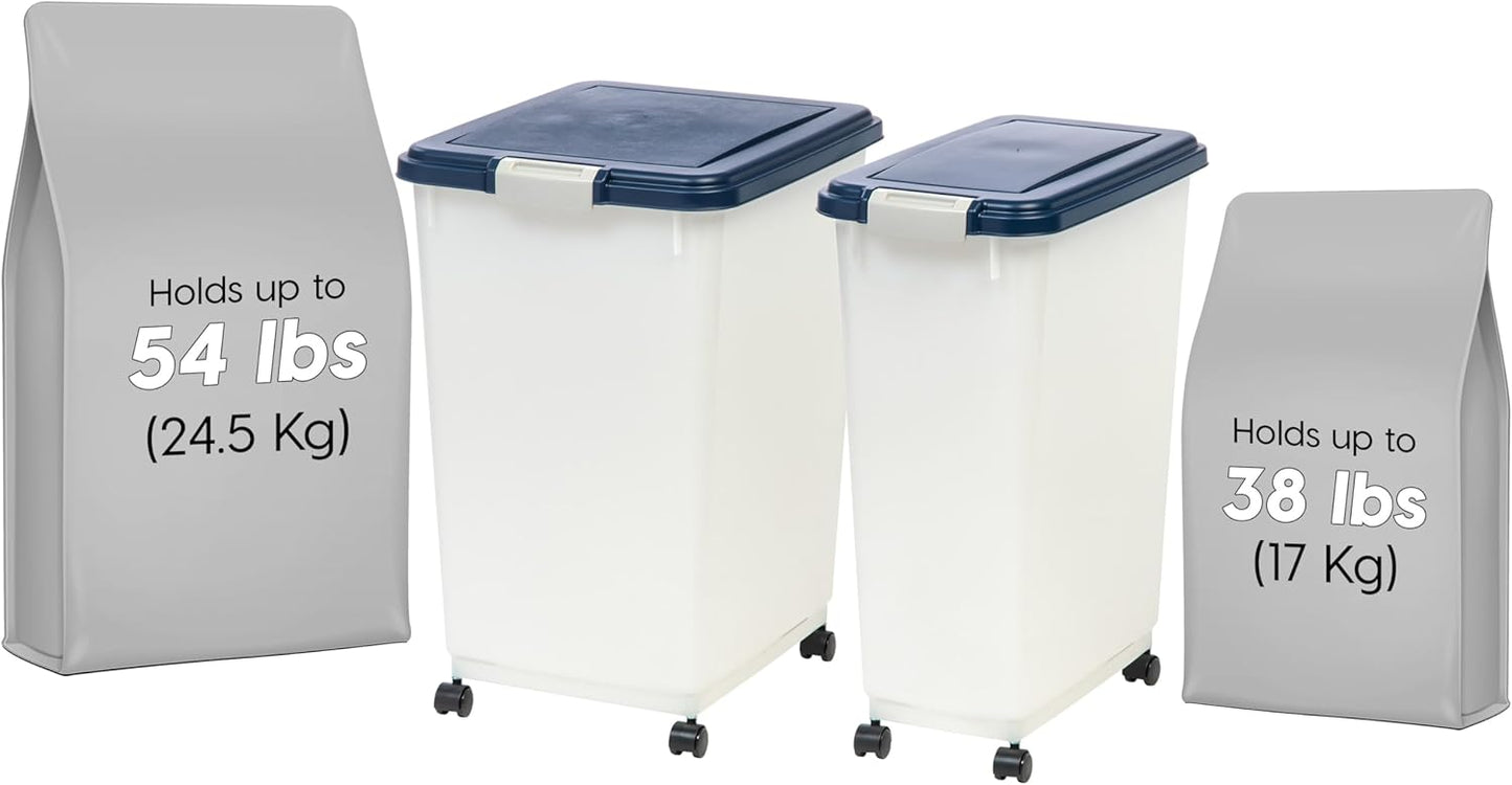 IRIS USA 54 lb + 38 lb Airtight Pet Food Storage Container Combo, Attachable Wheels, for Dog Cat Bird and Other Pet Food Storage Bin, Keep Fresh, Easy Mobility, BPA Free, Navy/Pearl