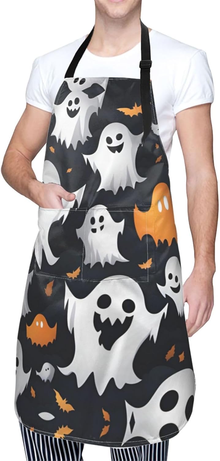 Cute White Ghost Halloween Pattern print Waterproof chef's apron with pocket apron for kitchen cooking baking barbecue and gardening