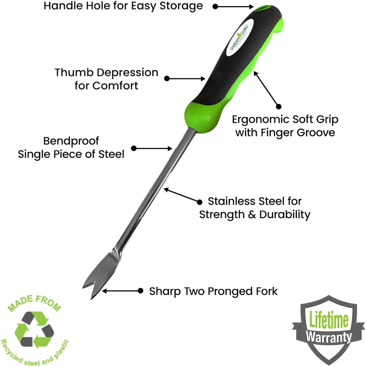 Garden Guru Dandelion Weeder Tool with Ergonomic Handle - Stainless St