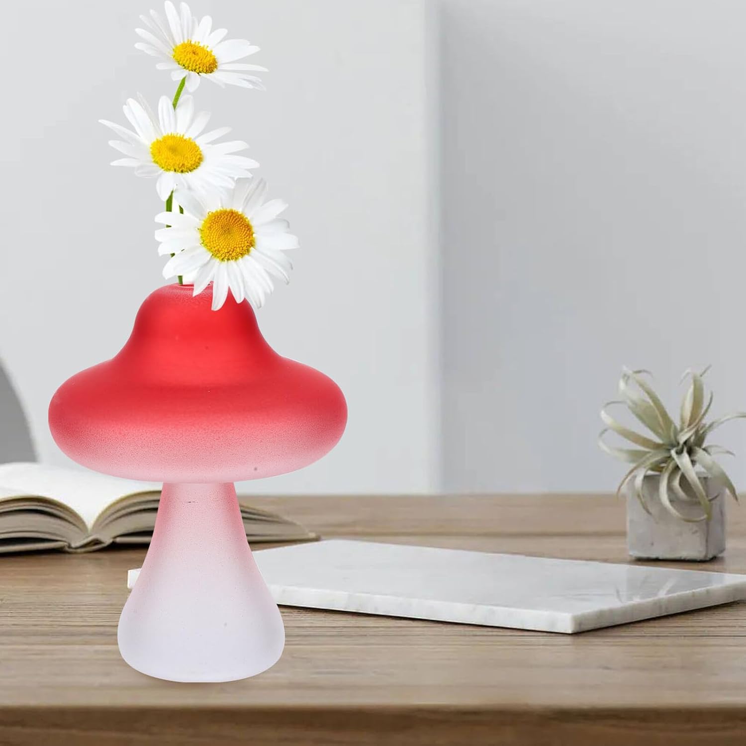 Mushroom Shaped Glass Vase Hydroponic Terrarium Planter Red Desktop Fl