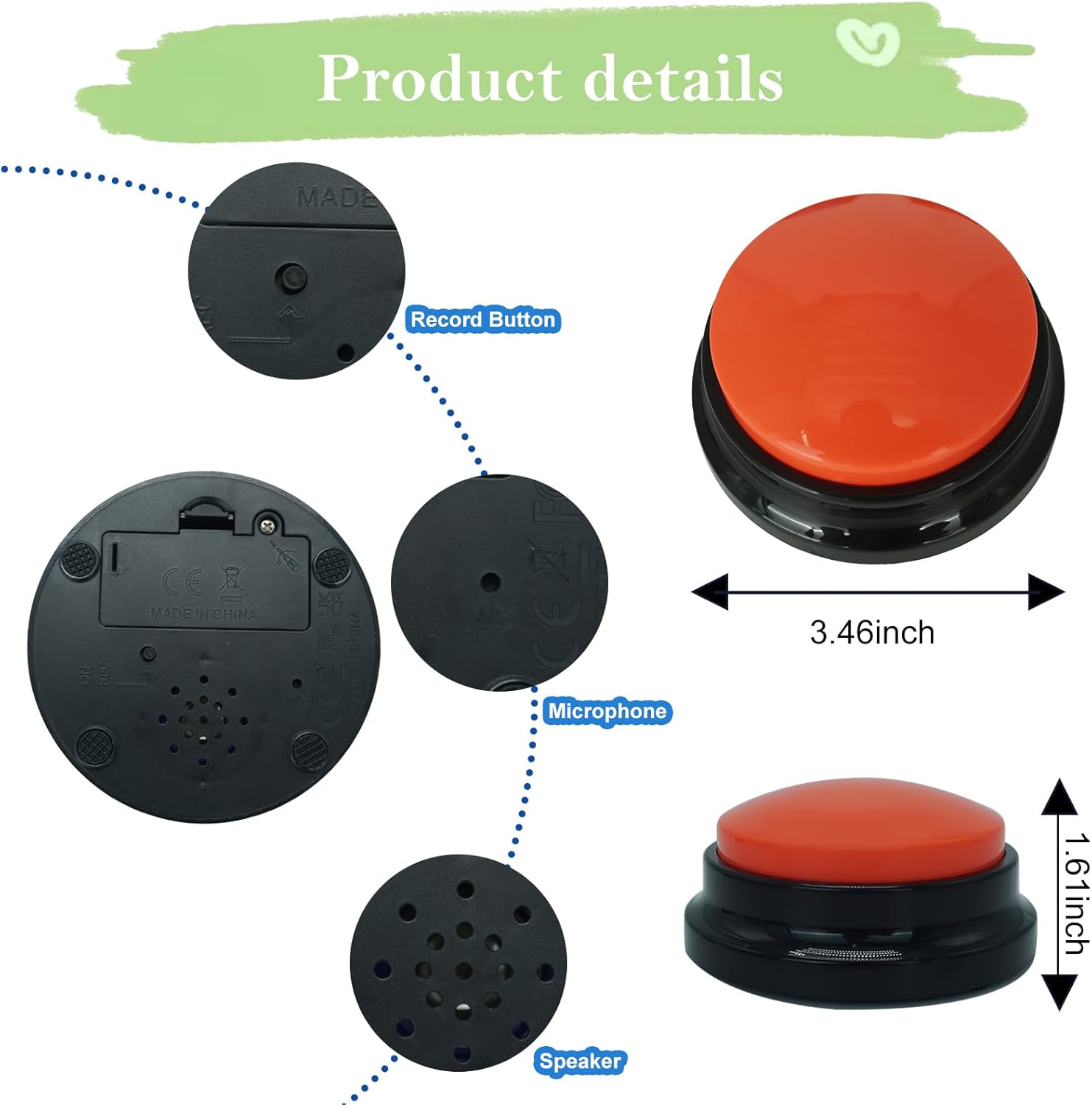 Set of 4 Dog Buttons for Communication, Voice Recordable Buttons for C