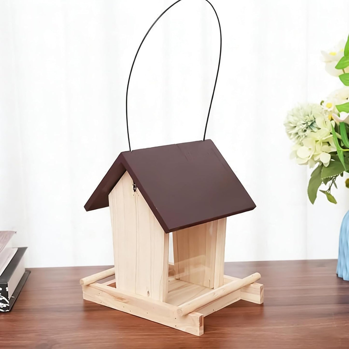 Standing Bird Feeder - Wooden Pole Design, Treat Bowl with Hanging Rope, Bird House with Stable Base, Garden Accessories, Feeding Station for Backyard Patio, 8.07 x 6.50 x 8.27 inch