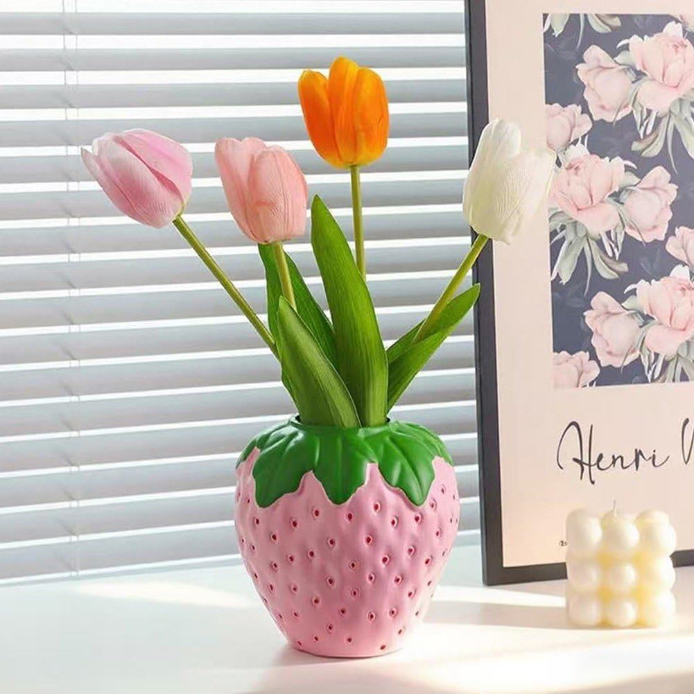 Strawberry Vase for Flowers, Decorative Fruit Vase, Strawberry Shaped Planter Pot with Green Leaves for Table Centerpiece, Spring Home Kitchen Decor