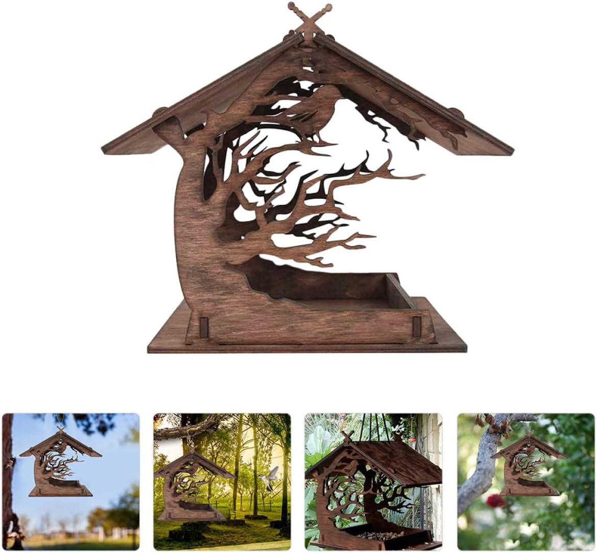Milisten Wooden Decorative Bird Feeder House with Hanging Bird Food Co