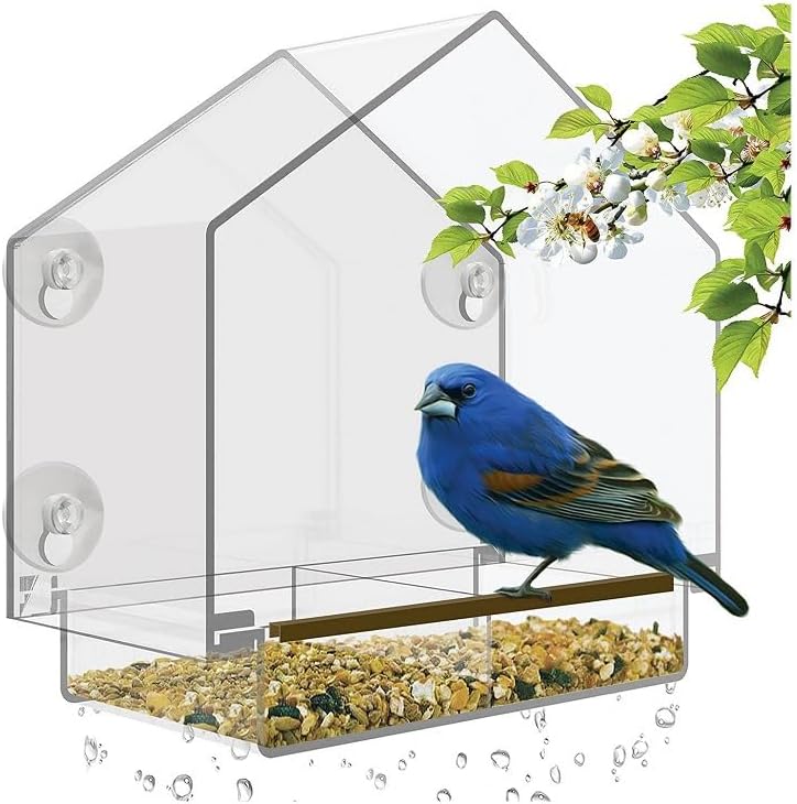 Clear View Window Bird Feeder with Strong Suction Cups, Acrylic Transparent Outdoor Wild Bird Seed Feeder and Décor, 2 Cup Capacity, Clear