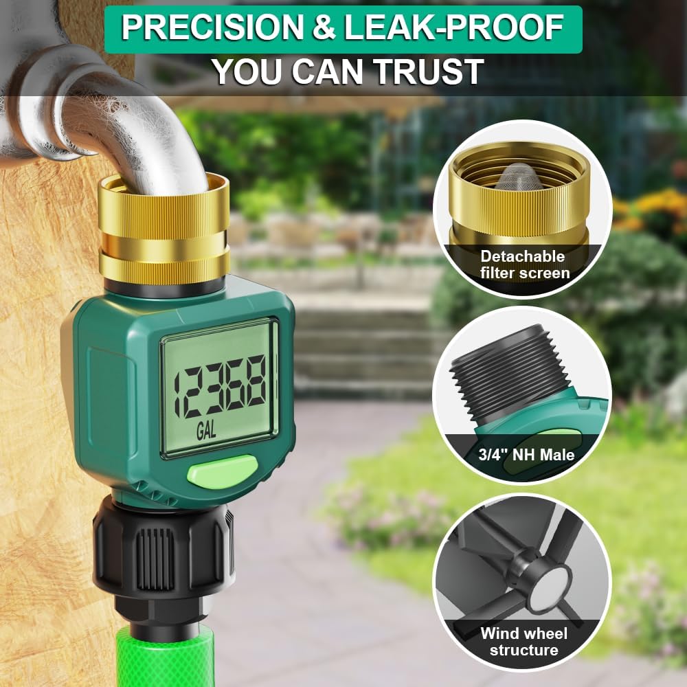 Digital Water Flow Meter - Waterproof Water Meter LCD Display Brass Co