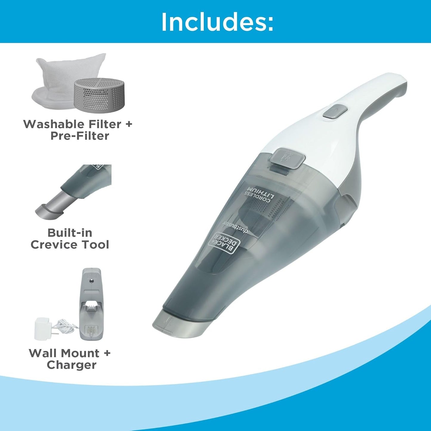 BLACK+DECKER dustbuster Cordless Handheld Vacuum, Portable Car Vacuum Cordless Rechargeable, Wall Mount, Strong Suction QuickClean (HNVC215B10)