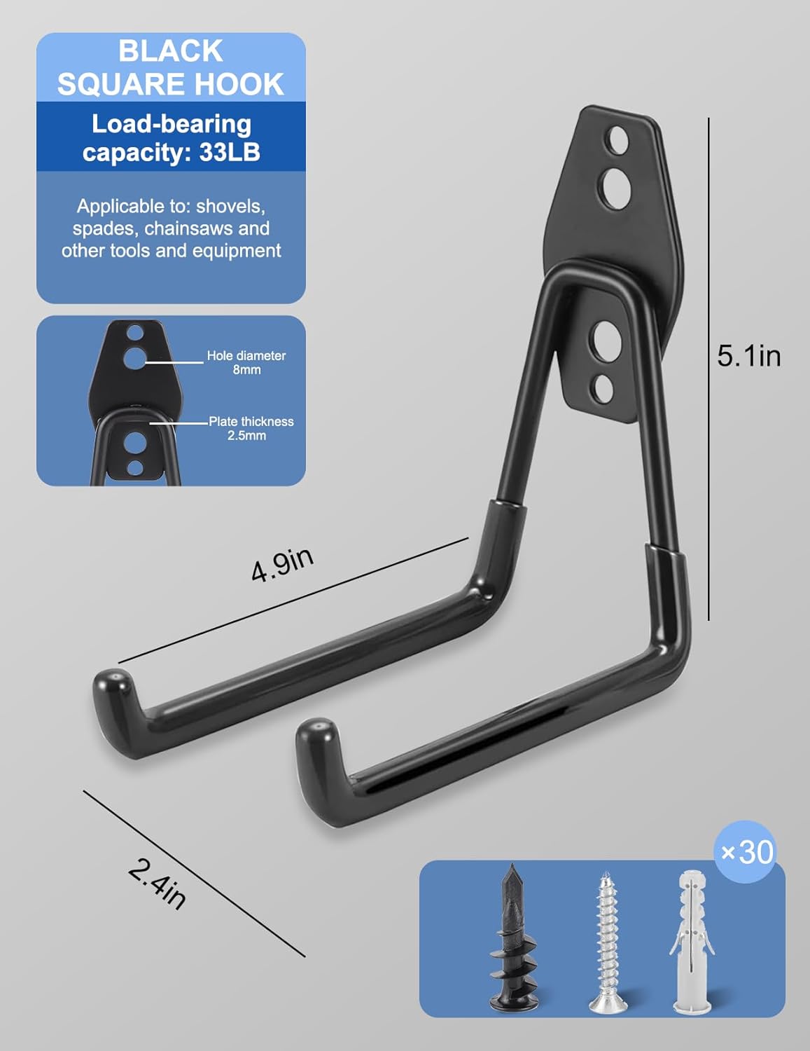 Garage Hooks, 5PCS Heavy Duty with 33lb J Hooks Strength, Multi Use Wa