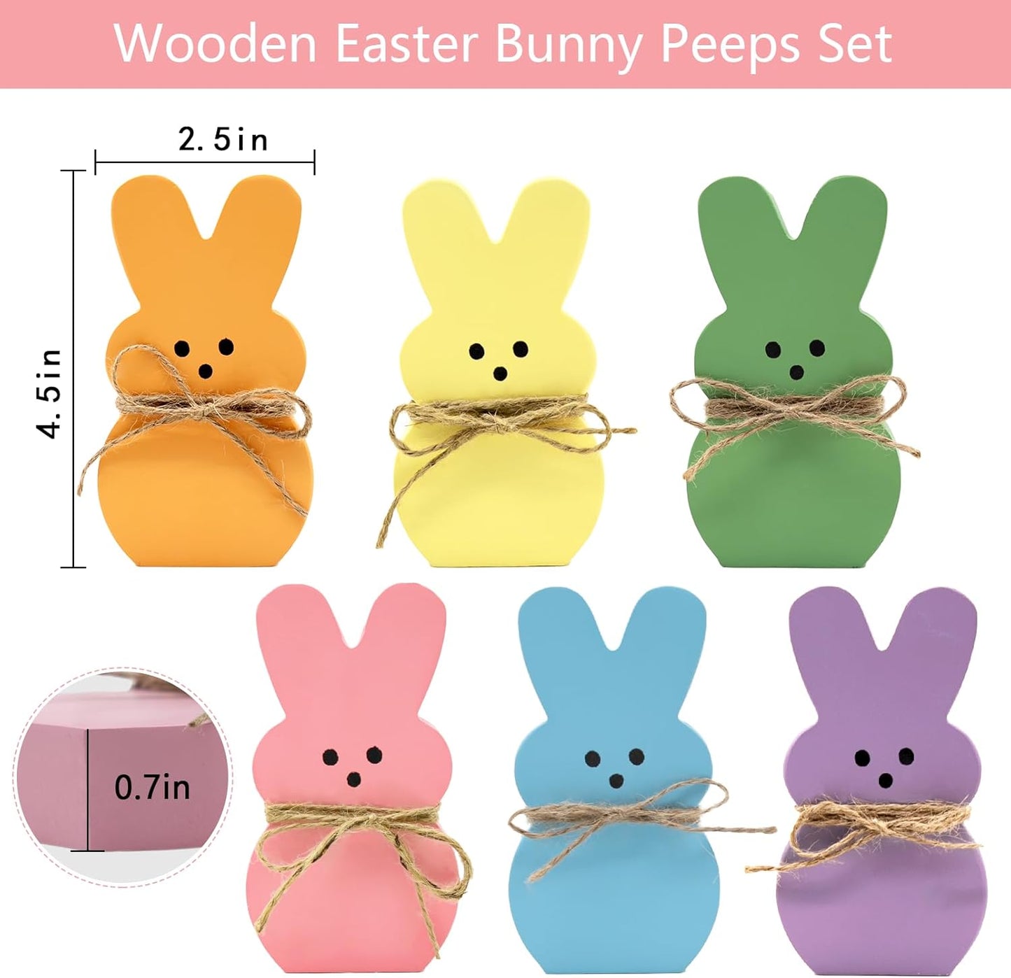 DAZONGE Easter Decorations - 6PCS Wooden Bunny Peeps Signs for Mantel Table Shelf Tiered Tray Decor - Easter/Spring Decorations for Home