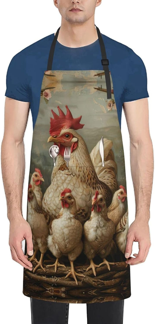 A Brood of Chickens print Waterproof chef's apron with pocket apron for kitchen cooking baking barbecue and gardening