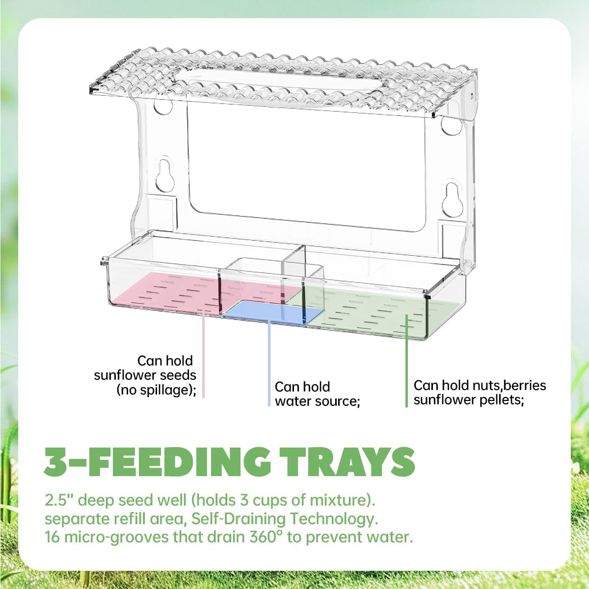 Bird Feeders for Outdoors Detachable Window Bird Feeder Clear Window Birds Feeders with Strong Suction Cups Suitable for Observation, Garden, Patio, Photography (with Sink on top)