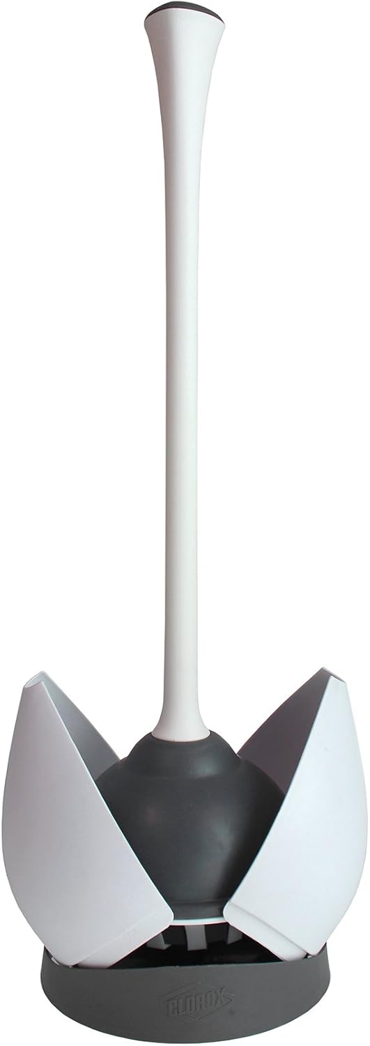 Clorox Toilet Plunger with Hideaway Holder Caddy Heavy-Duty Compact Design with Non-Skid Rubber Base for Bathroom Convenient Storage Toilet Unclogger, 6.5x19.5-Inch, White