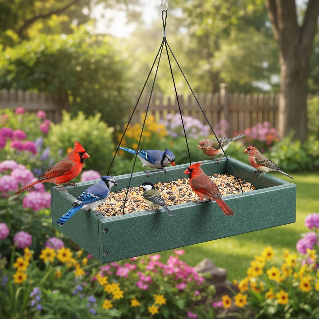 Ground Bird Feeder Tray with Metal Mesh, 5 lb Large Capacity Platform Feeder for Cardinals Blue Jays Doves, Recycled Plastic Outdoor Bird Feeder Stand for Backyard Wild Birds, Squirrels & Chickens