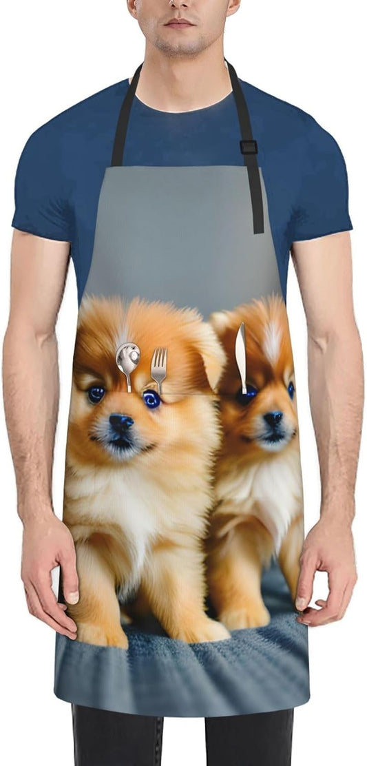 Pomeranians Puppies and Point print Waterproof chef's apron with pocket apron for kitchen cooking baking barbecue and gardening