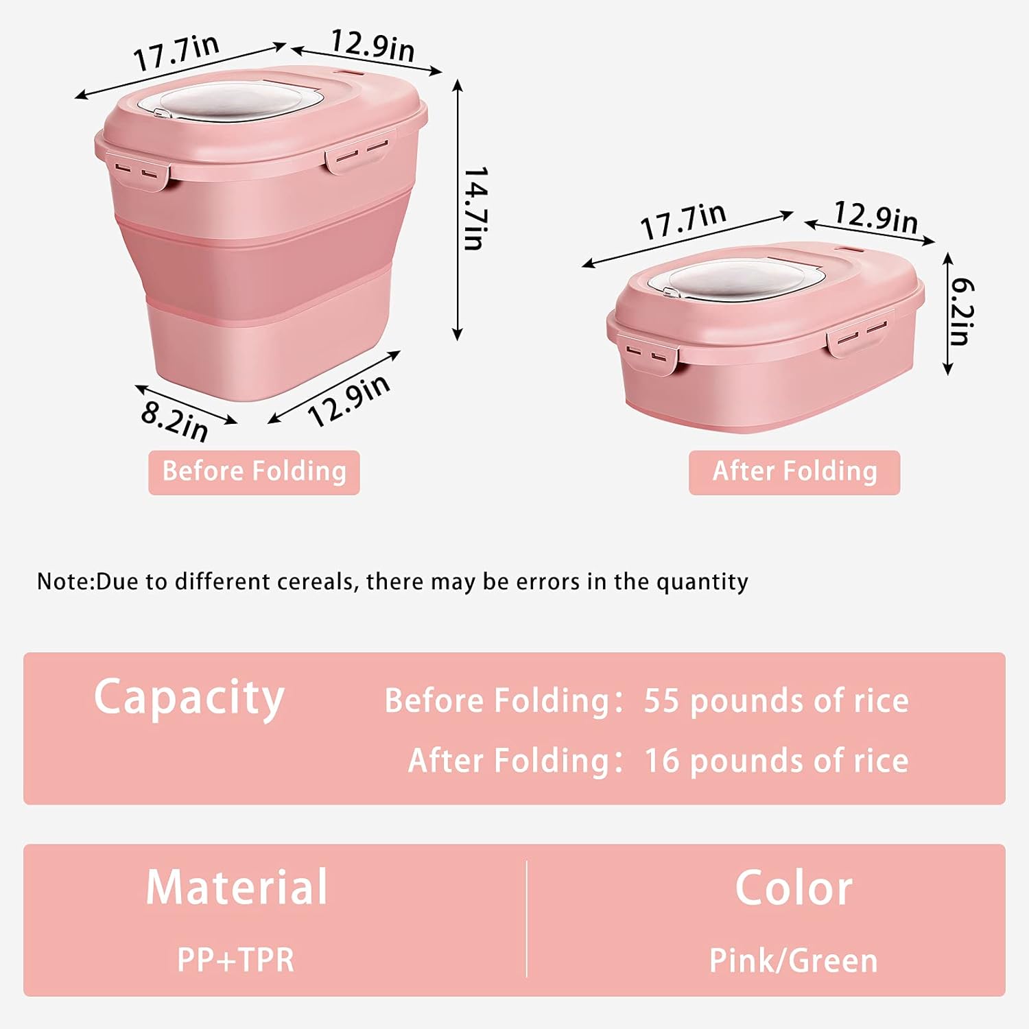 Cereal Rice Food Storage Containers, Collapsible 20 to 50 Lbs Dispense