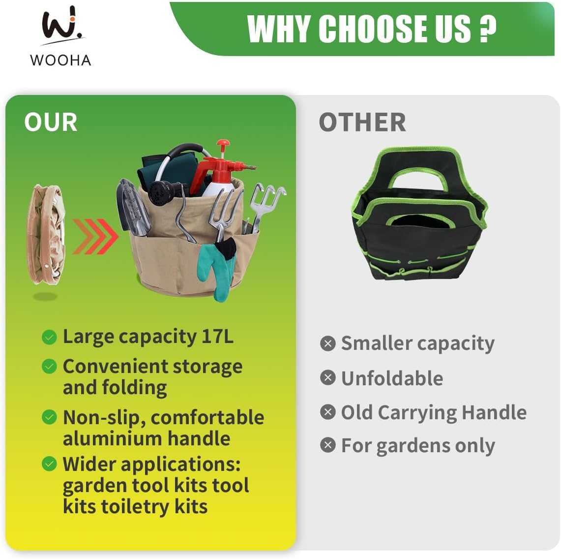WOOHA Garden Tool Organizer Bag 17L Collapsible Tool Bag Foldable Tool Organizer Outdoor Camping Garden Harvest Basket Cleaning Supply Caddy with Handle for Home Bathroom Storage Bath Wash Bag（khaki）