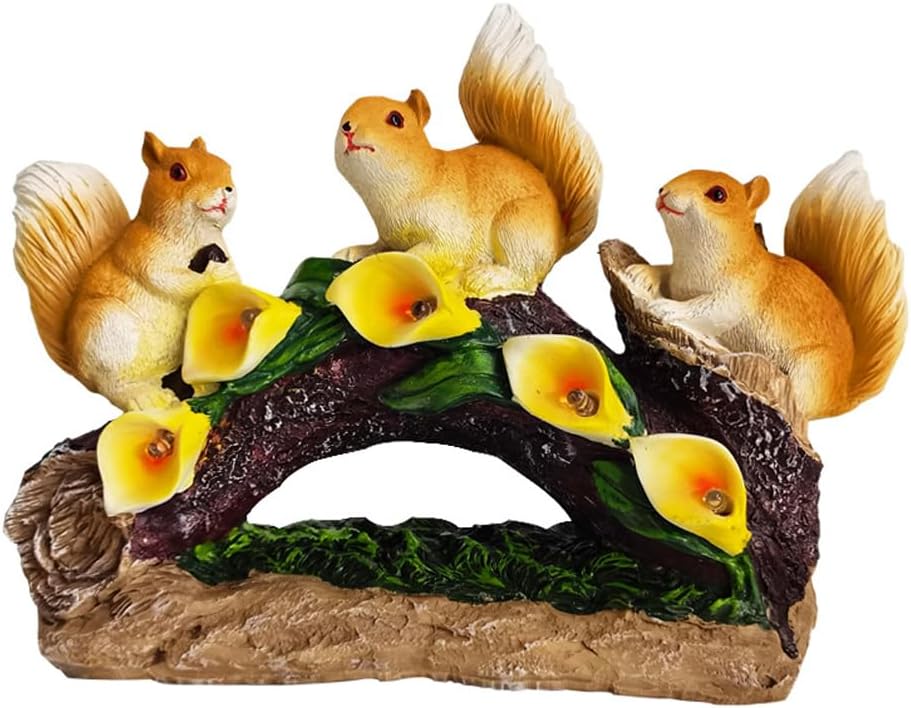 Solar Resin Squirrel Garden Statue with 5 LED Night Lights -Hand Carved, Weather Resistant Outdoor Solar Yard & Balcony Ornament
