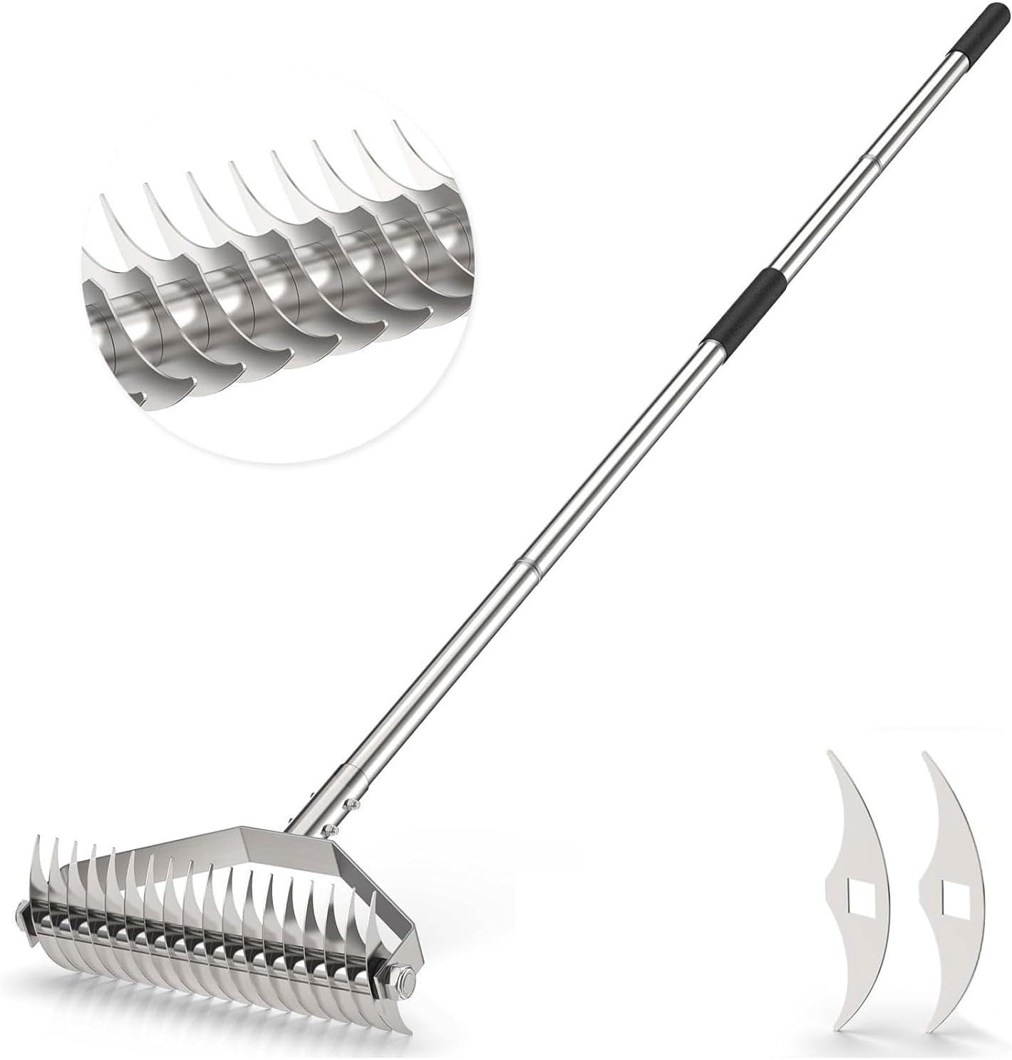 Dethatching Rake, 15.6" Thatch Rake for Lawns, Heavy-Duty Stainless St