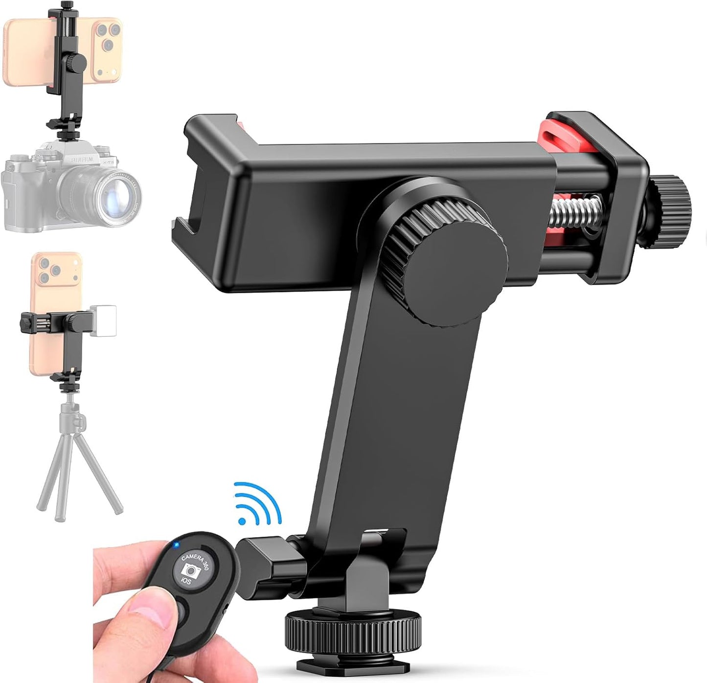 Phone Tripod Mount with Remote Controller, New Universal Smartphone Mount Adapter with Cold Shoe, 360° Rotates Cell Phone Clip Clamp Holder, Compatible with iPhone, Samsung and All Phones