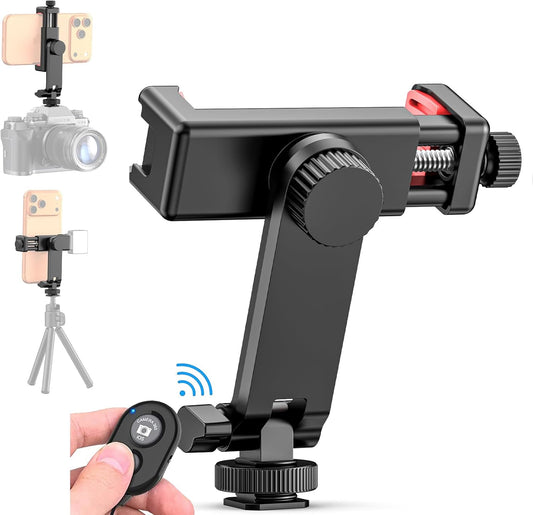 Phone Tripod Mount with Remote Controller, New Universal Smartphone Mount Adapter with Cold Shoe, 360° Rotates Cell Phone Clip Clamp Holder, Compatible with iPhone, Samsung and All Phones