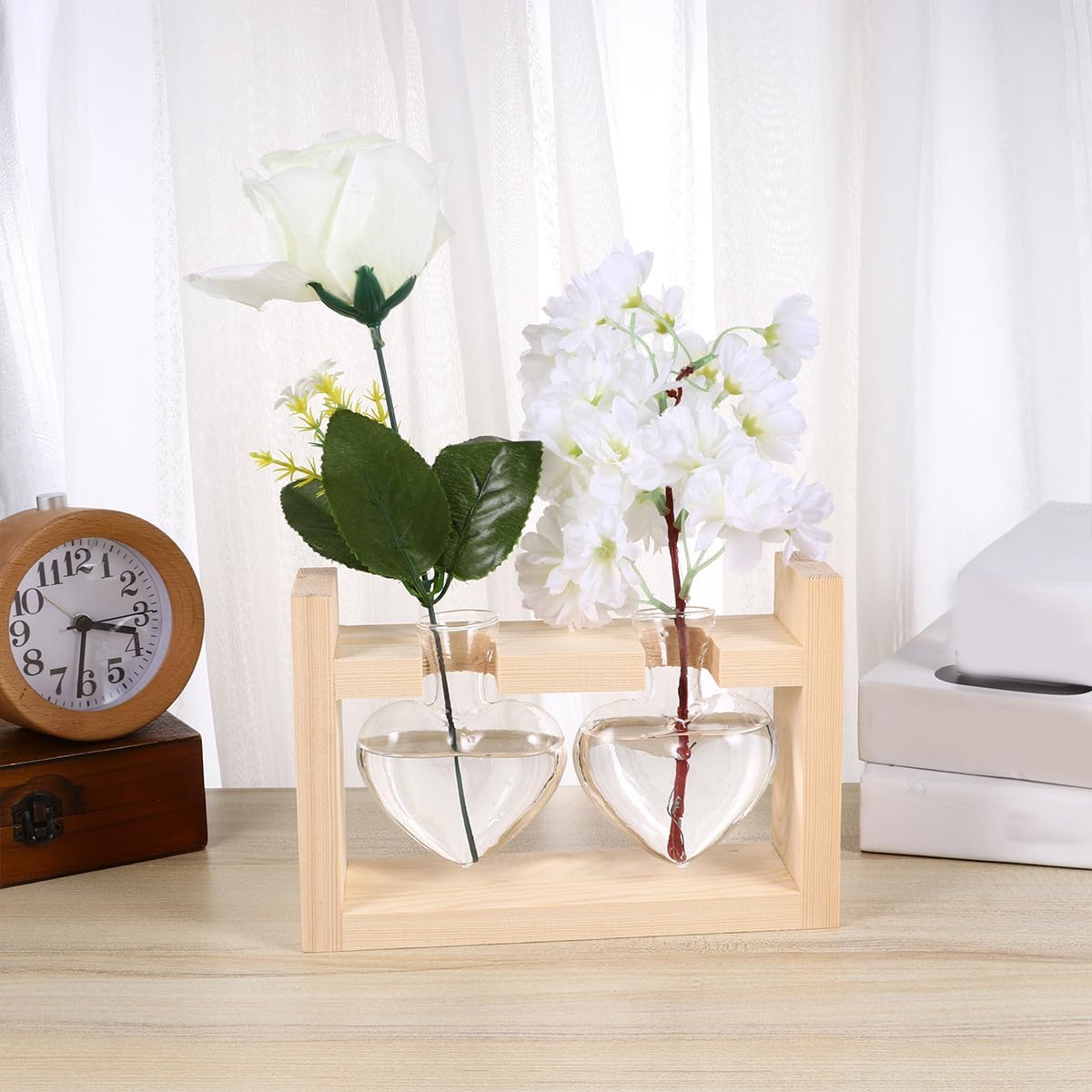 Heart-Shaped Glass Vases with Wooden Frame, Hydroponic Planter Contain