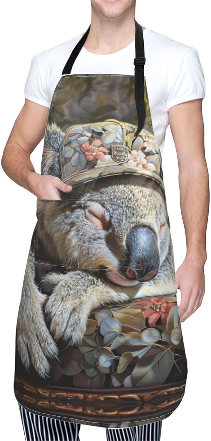 sleeping koala cap Print Laundry apron 28x33 In Waterproof Kitchen Apron with Pockets for Cooking Baking