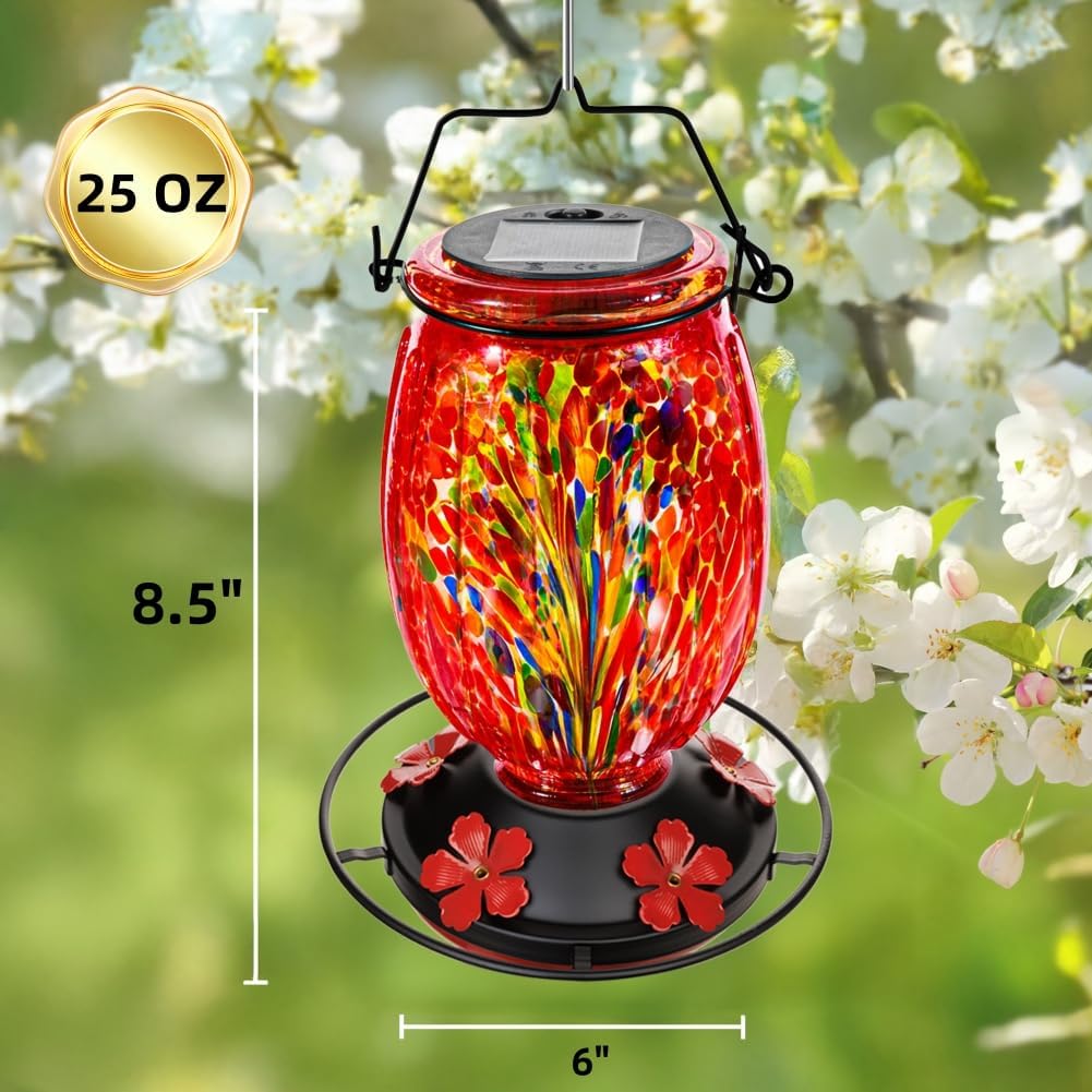 Solar Hummingbird Feeder for Outdoors Hanging Patio Designed 32 Ounces Colorful Hand Blown Glass Hummingbird Feeder 5 Feeding Ports with Perch Never Leak (Red)