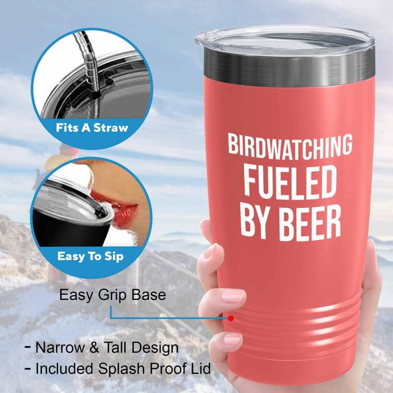 Hobby Beer Lover Coral Tumbler 20oz - birdwatching fueled by beer - Bird Feeder Backyard Birdwatcher Gifts Birding Bird Lover