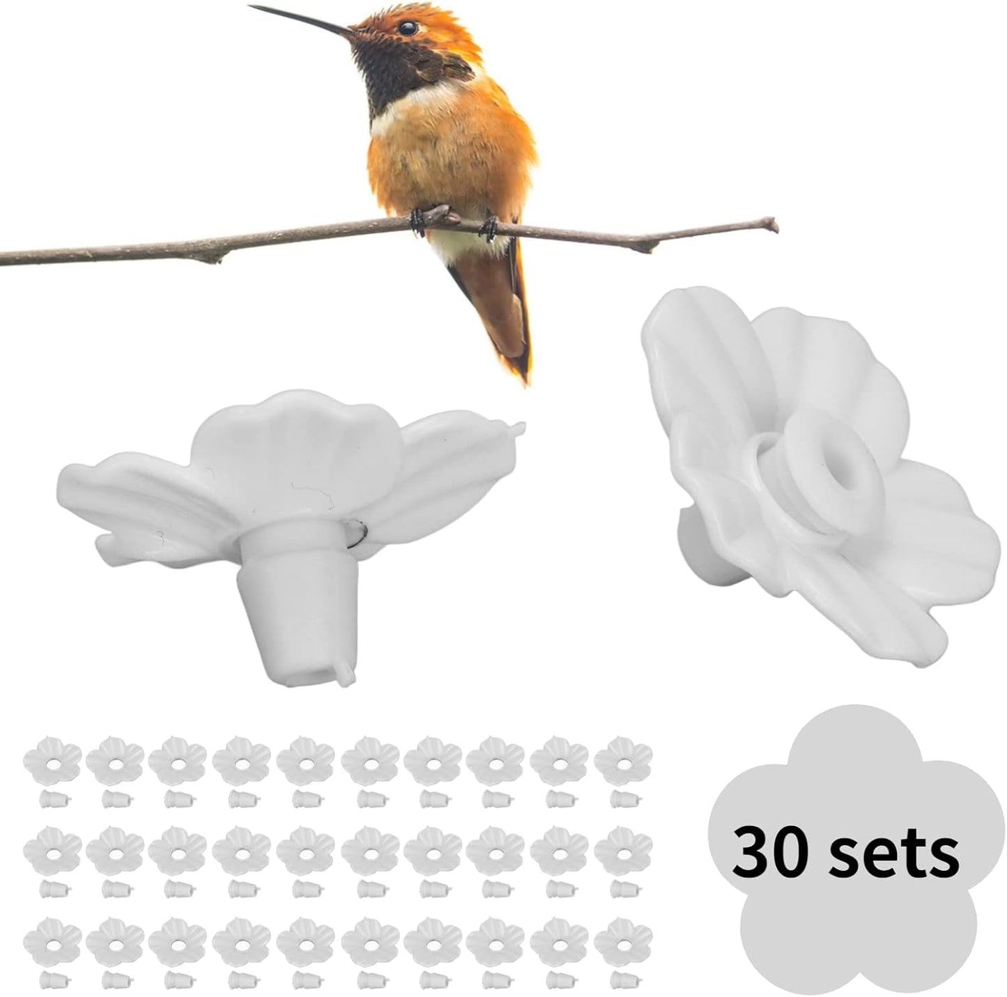 30 Sets Hummingbird Feeder Replacement Flowers, Realistic Designed Hummingbird Flowers, Plastic Hummingbird Feeder Parts, Bee Proof Hummingbird Feeder for Outdoor, 1.2 inches, White