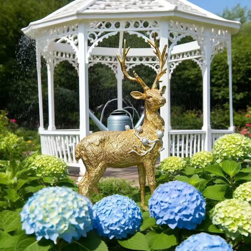 Elegant Golden Deer Sculpture with Large Antlers, Modern Resin Animal Statue with Metallic Finish for Outdoor Garden, Lawn, Patio, Living Room Decor, Striking Christmas & New Year Festival Gift