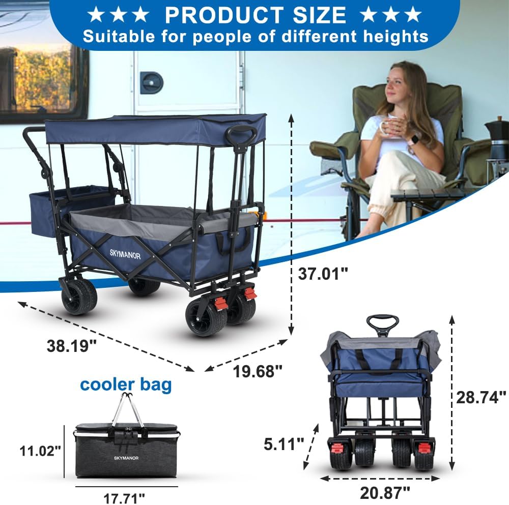 SKYMANOR Collapsible Wagon with Removable Canopy, 3-in-1 Heavy Duty Ga