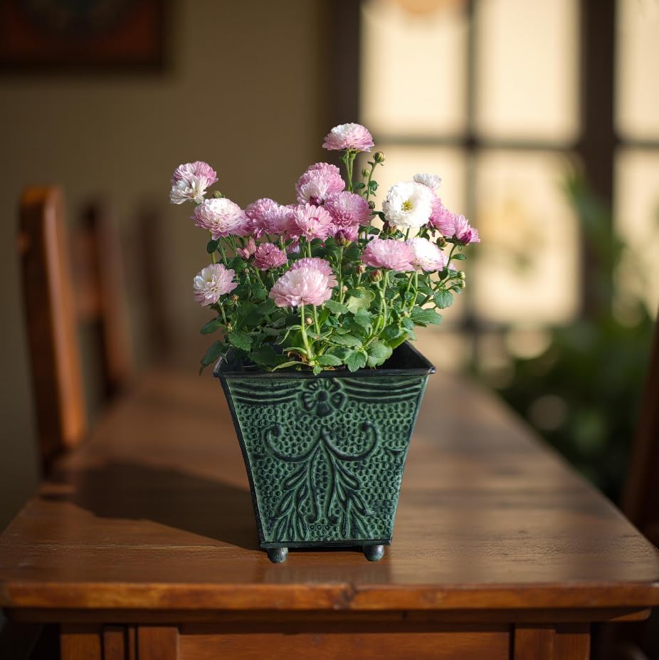 Hosley Set of 4 Green Patina Embossed Metal Planters with Ornate Flora