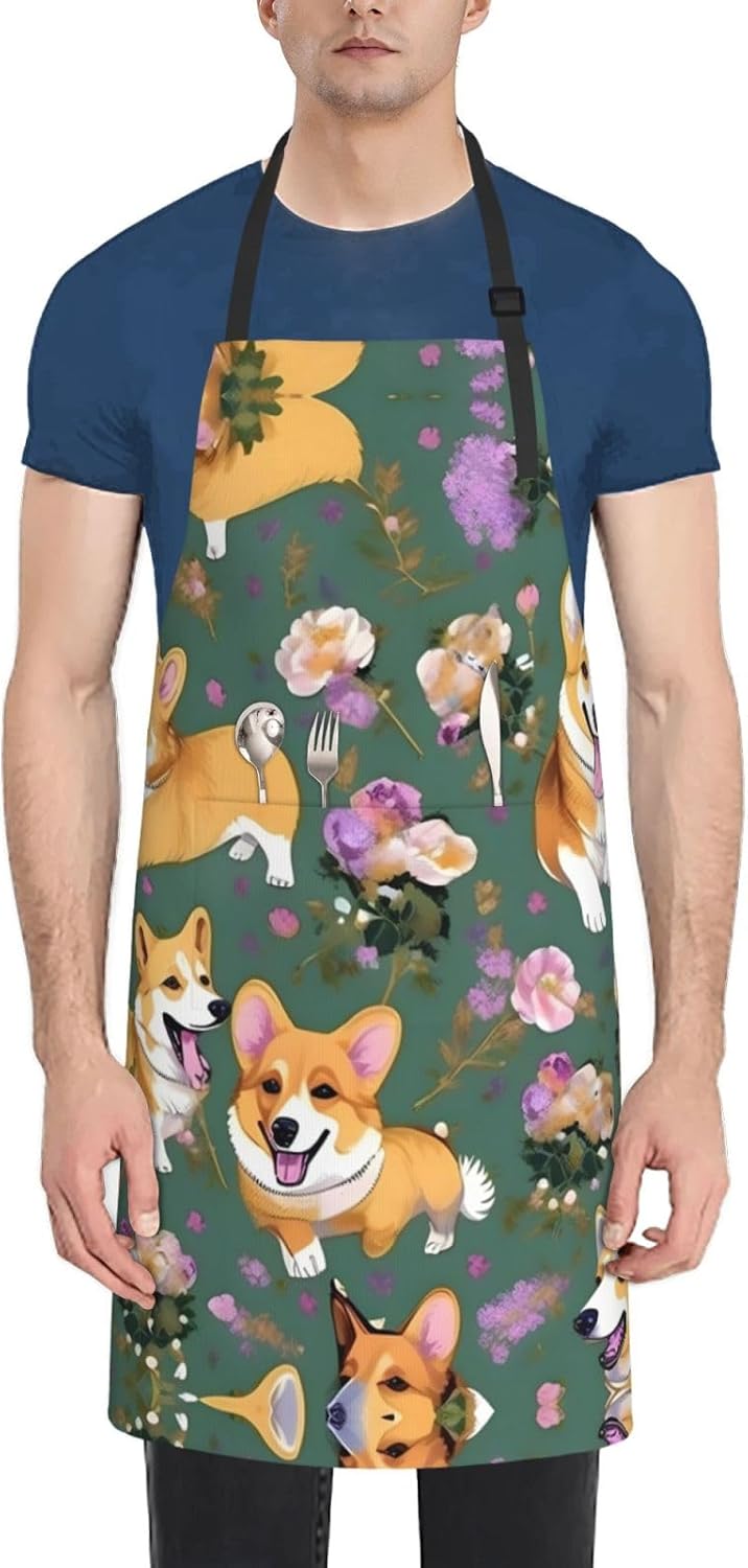 Corgi Floral Flowers Print Laundry apron 28x33 In Waterproof Kitchen Apron with Pockets for Cooking Baking