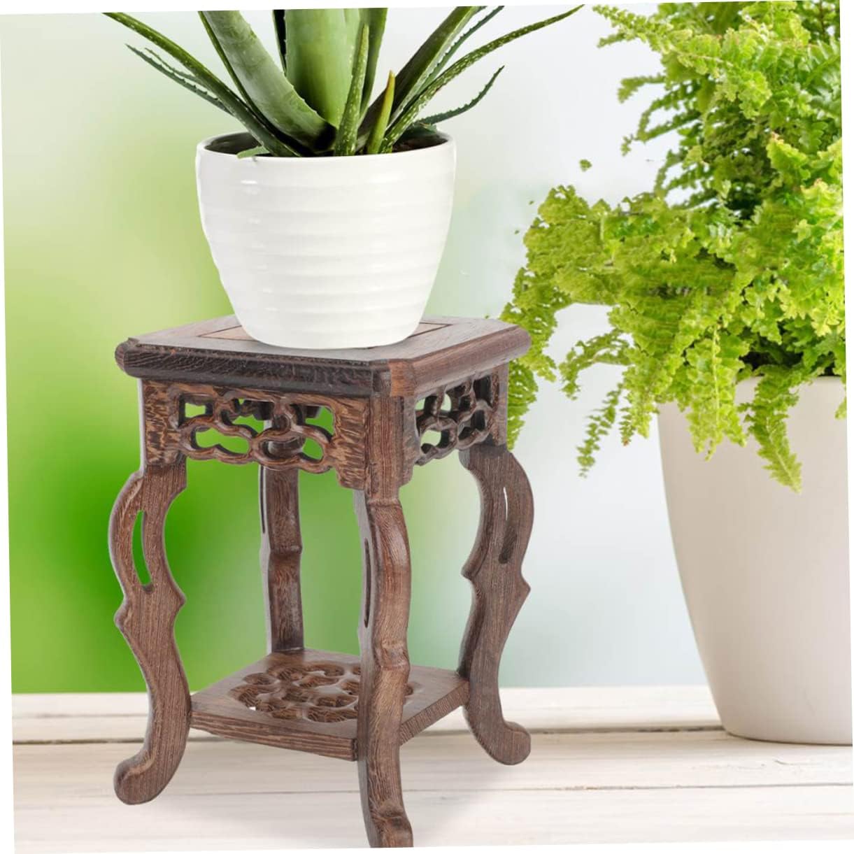 PRETYZOOM Antique Jade Carving Stand Wooden Planter Holder Home Decor Vase Display