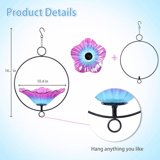 MUMTOP Hanging Bird Bath-Bird Baths for Outdoors - Flower Glass Bird Water Bowl with Hanging Circle, Bird Feeders for Outside, Garden, Lawn Yard Decor（Pink）