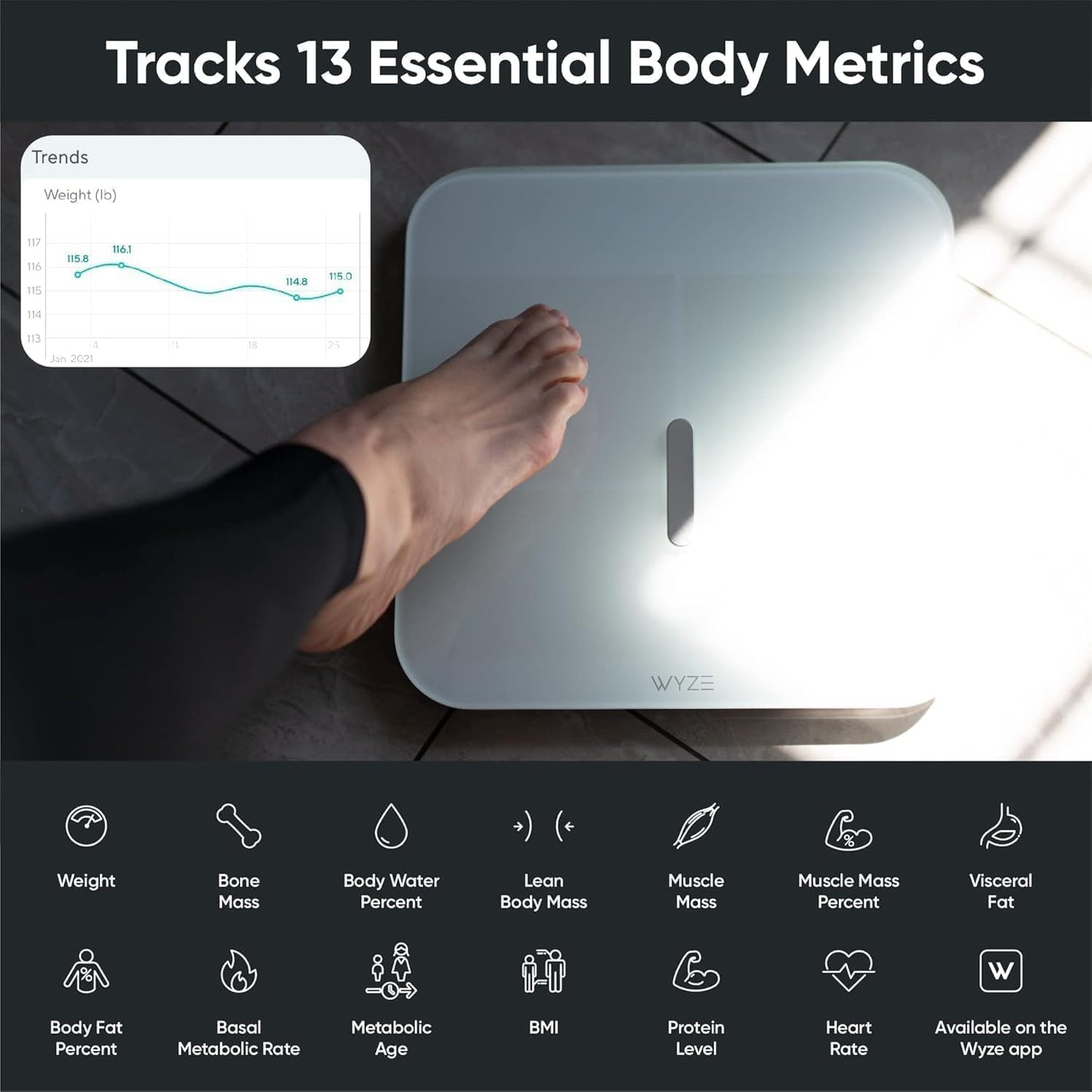 Wyze Smart Scale X - Digital Bathroom Scale for Body Weight, BMI, Body Fat, Muscle Mass, Heart Rate Monitor | ITO Glass & LED Backlight | Batteries Included, 400 lbs (White)