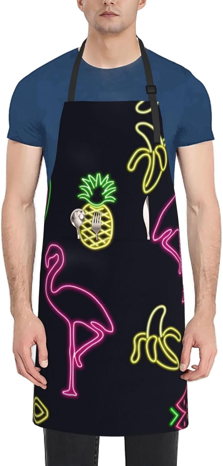 Pineapple Banana Flamingo Print 28x33 In Adult Kitchen Apron with Pockets Versatile Chef Smock for Cooking Baking
