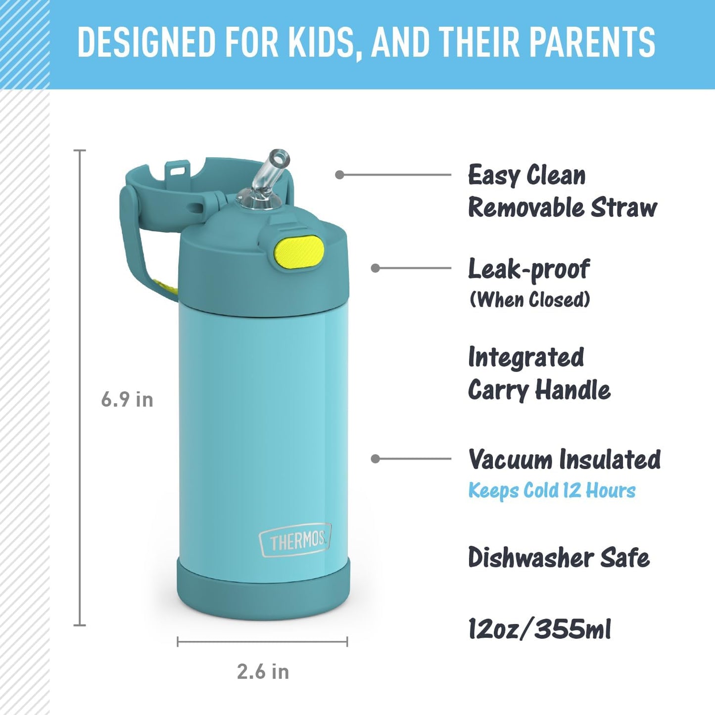 THERMOS FUNTAINER Water Bottle with Straw - 12 Ounce - Kids Stainless Steel Vacuum Insulated Water Bottle with Lid, Blue/Green