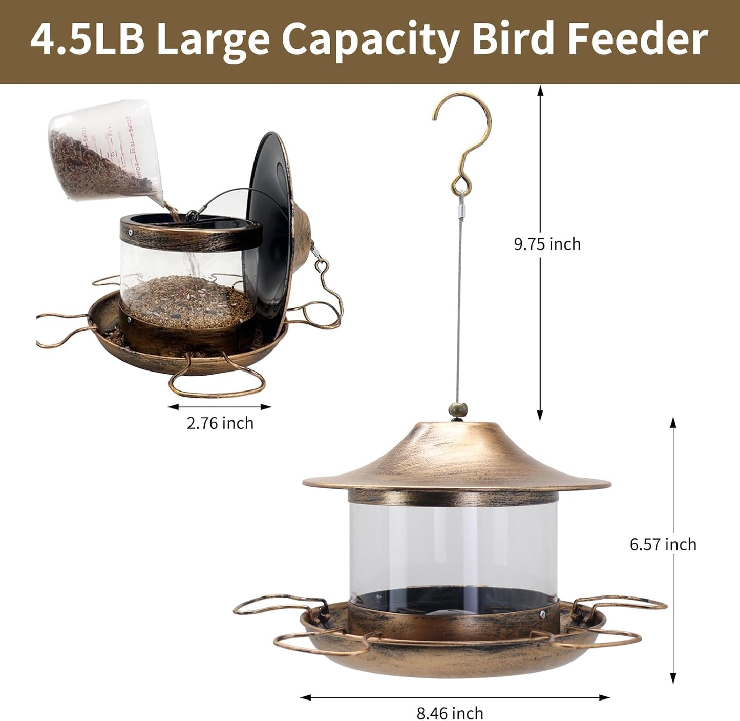Bird Feeders for Outdoors Hanging, Heavy Duty Metal Bird Feeder for Wild Birds, 4.5Lbs Large Capacity Weatherproof Birdfeeder for Outside Garden Yard,Easy to Clean and Fill, (Bronze)