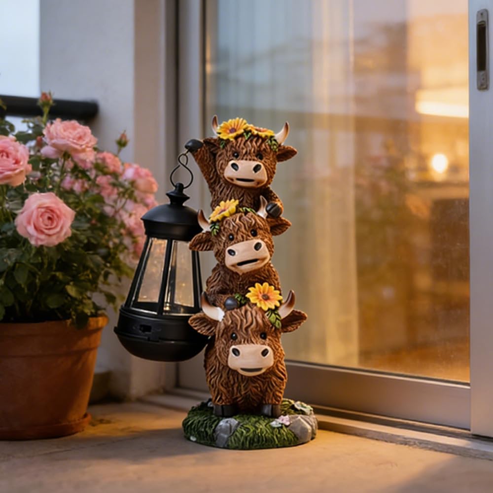 Solar Highland Cattle Night Light Sculpture Outdoor Garden Street Decoration, Cows Decorations Lantern Sculptures for Patio Yard Lawn Walkway Ornaments Clearance Gifts for Mom Grandma Birthday
