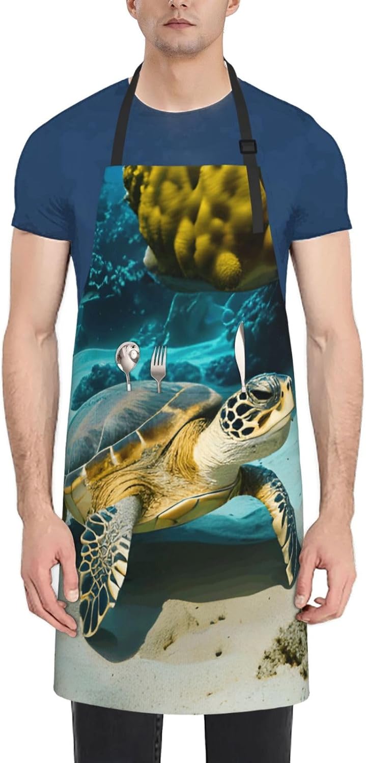 YANYU Sea Turtle Print 28x33 In Kitchen Apron Stylish Chef Apron with Pockets for Cooking Baking Painting