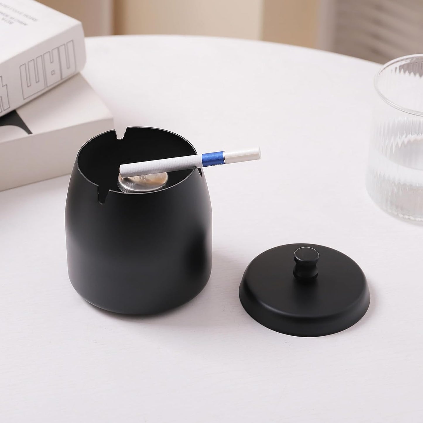 Ashtray with Lid for Cigarette, Stainless Steel Smokeless Odorless Windproof Ashtrays for Home Office Tabletop Outside Patio Outdoor Balcony(3.54"x3.0"x3.38")