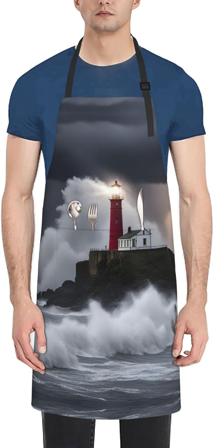 Lighthouse In Storm print Waterproof chef's apron with pocket apron fo